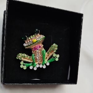 Women's Gift Boxed Green Frog Crystal Rhinestone Brooch Pin Colorful NWOT Retro